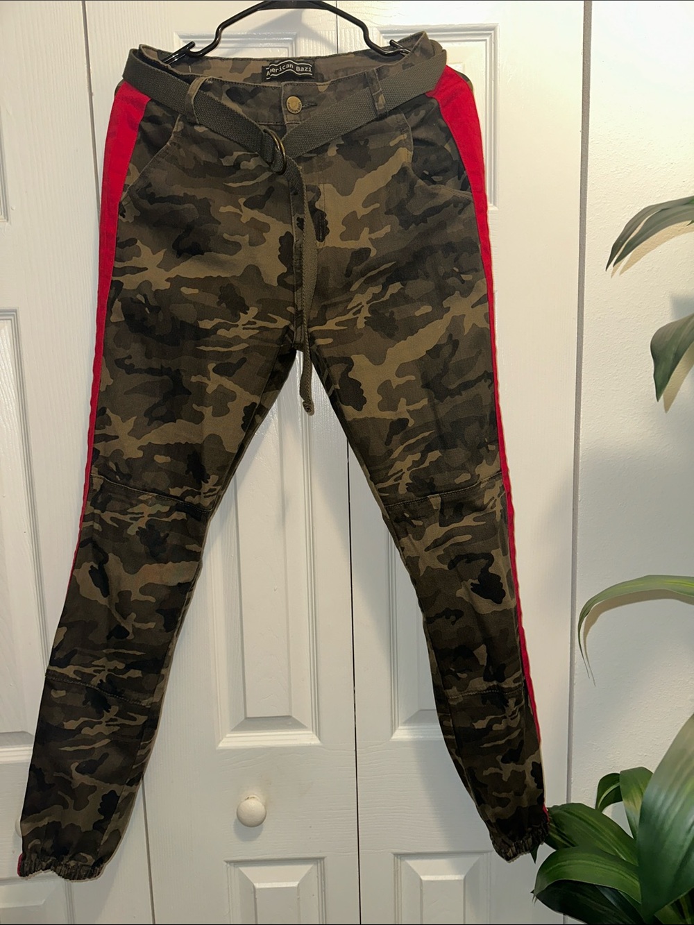 Camo Jogger Pants with Red Side Stripe - Men's